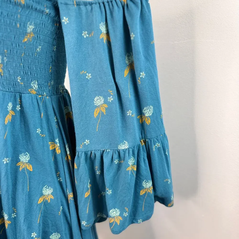 FREE PEOPLE Lana Teal Tunic Top Floral Smocked Off Shoulder Bell Sleeve Sz Large